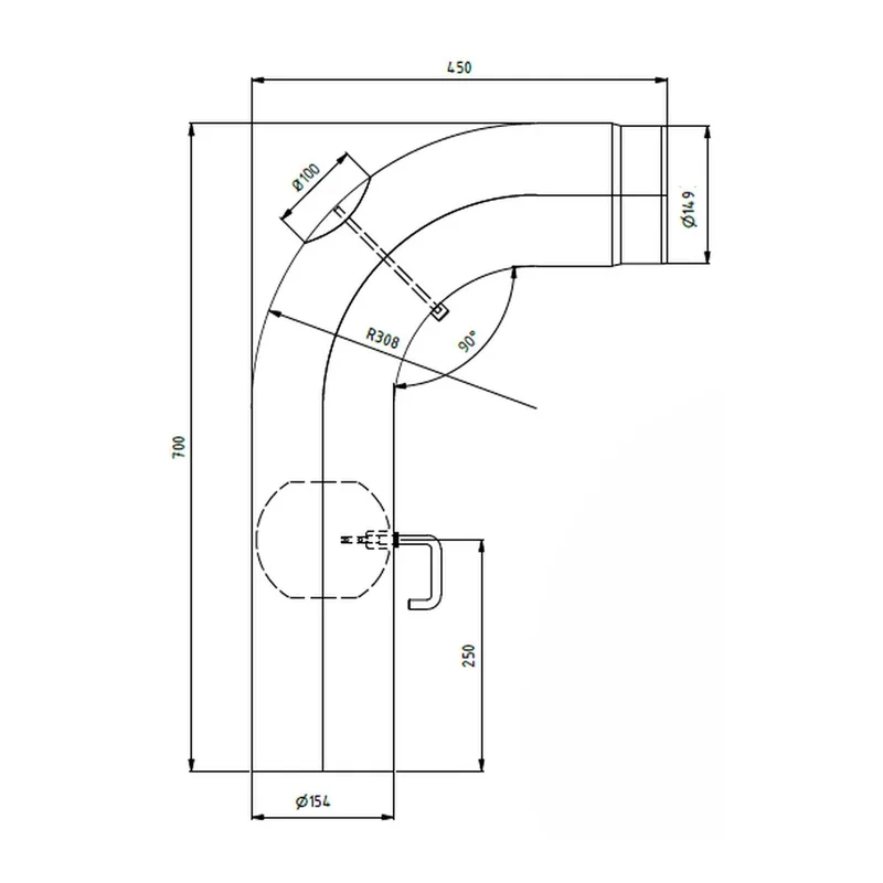 Raik coude LS diamètre 150/90° 2,00mm lisse 700/450 avec porte intégrée avec modérateur de tirage noir