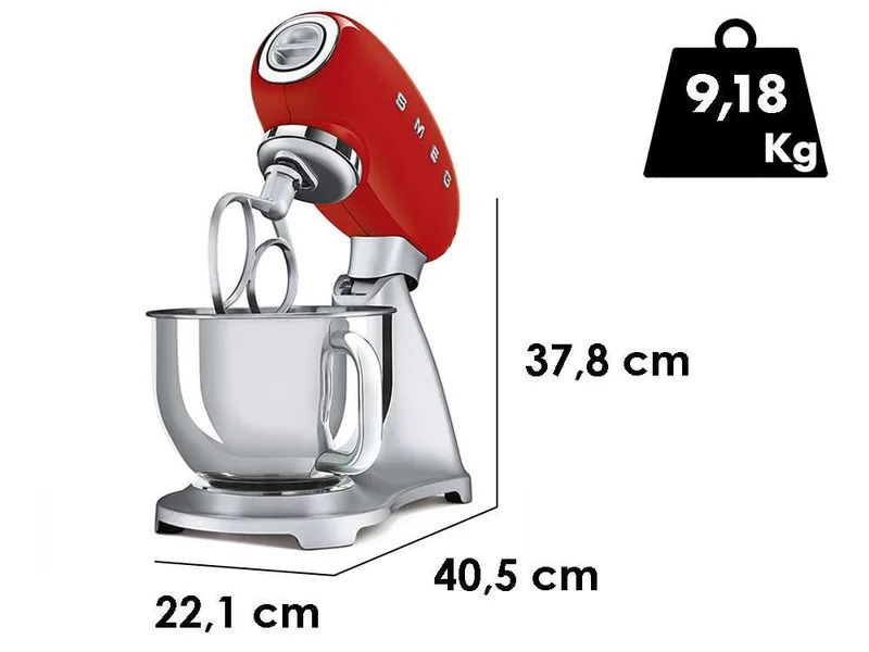 Smeg SMF02RDEU Rouge - Batteur Mélangeur Planétaire - Bol en Inox de 4,8 litres
