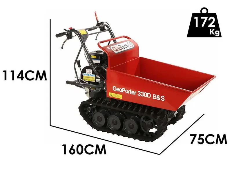 GeoTech Pro GeoPorter 330D B&S - Brouette motorisée à chenilles à 6 galets avec benne dumper - 300 kg