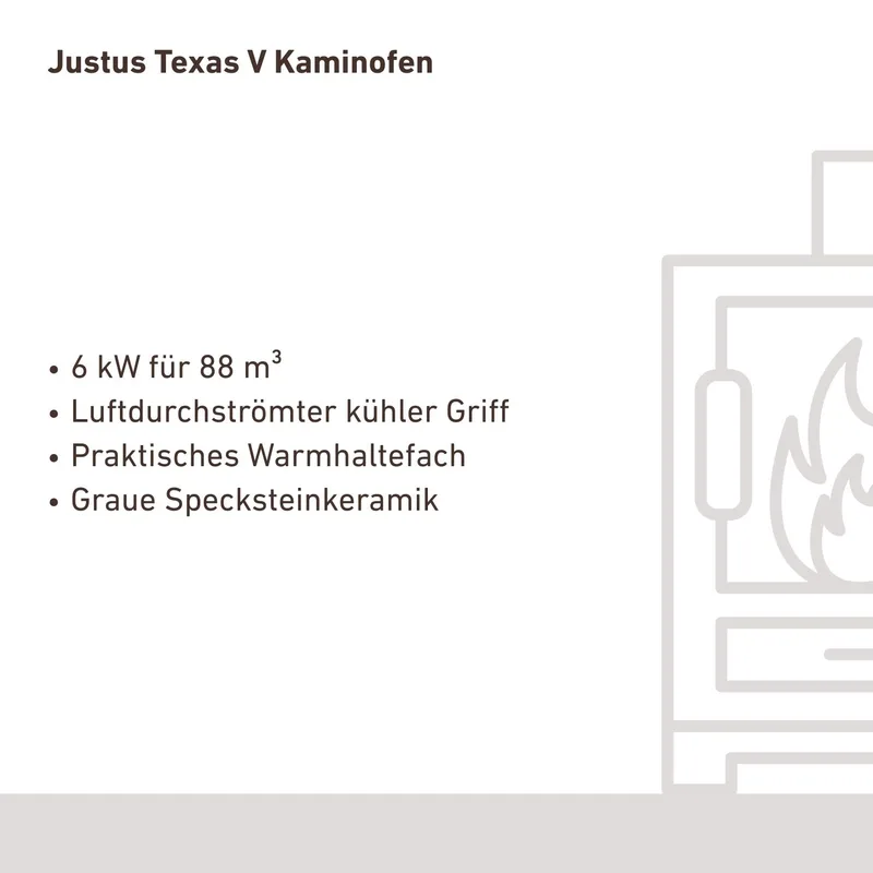 Justus Texas V, poêle à bois, acier noir / céramique en stéatite grise