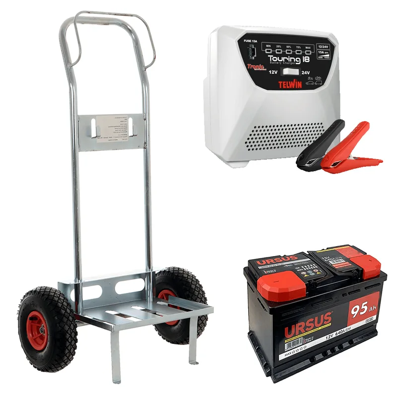 Kit complet : chariot porte batterie Geotech + batterie 95 Ah + chargeur Telwin Touring 18