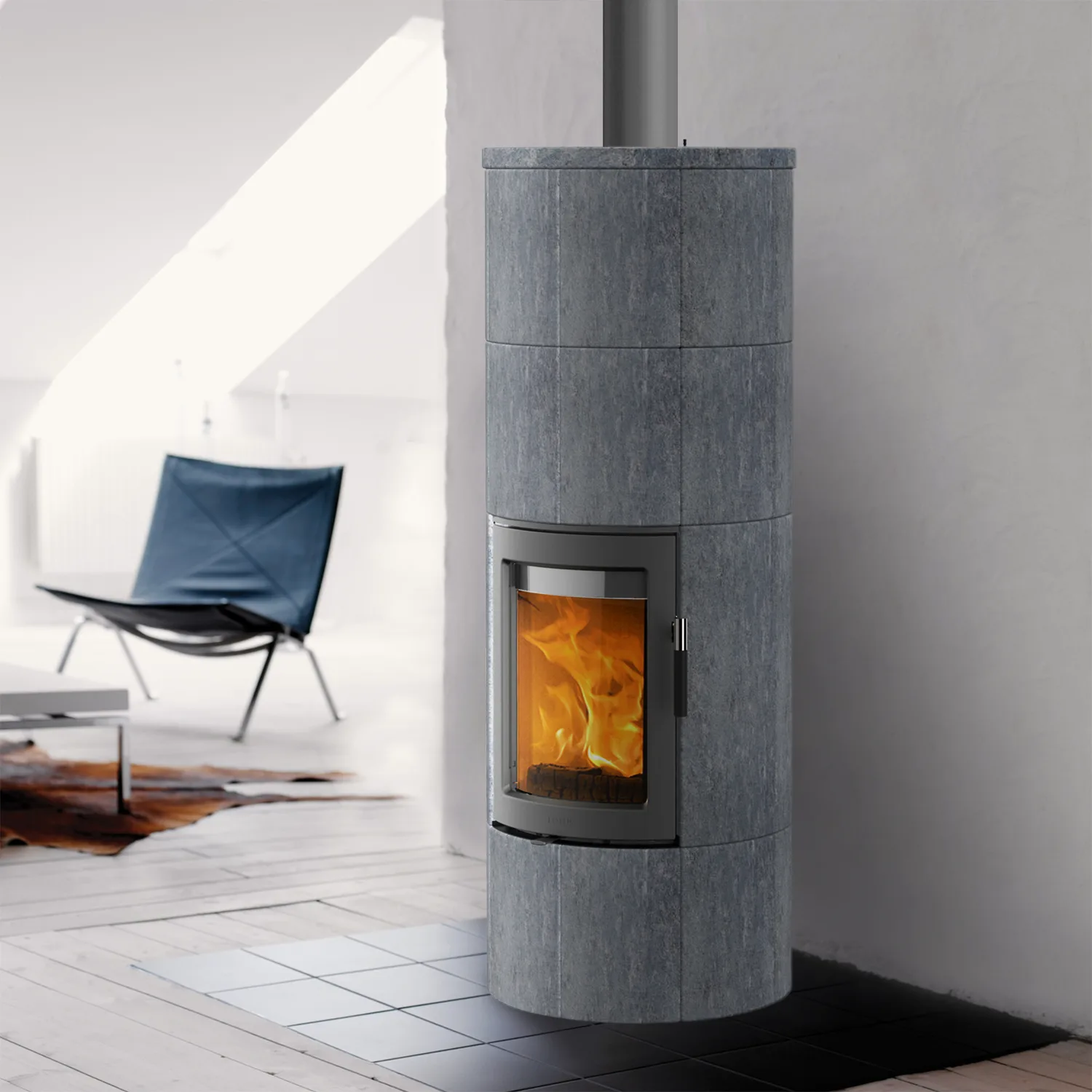 Poêle à bois Lotus Maestro 2 en stéatite, porte grise, évacuation des fumées par le haut