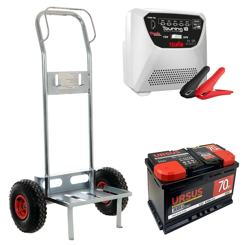 Kit complet : chariot porte batterie Geotech + batterie 70ah + chargeur Telwin Touring 18