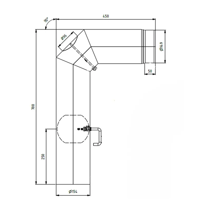 Raik coude LS diamètre 150/90° 2,00mm 3-pièces 700/450 avec porte intégrée avec modérateur de tirage gris