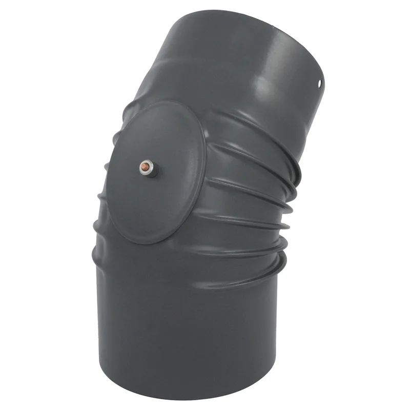 Coude de conduit de fumée / Coude de tuyau de poêle émaillé 150 mm - Coude à 45° nervuré gris avec ouverture de nettoyage.