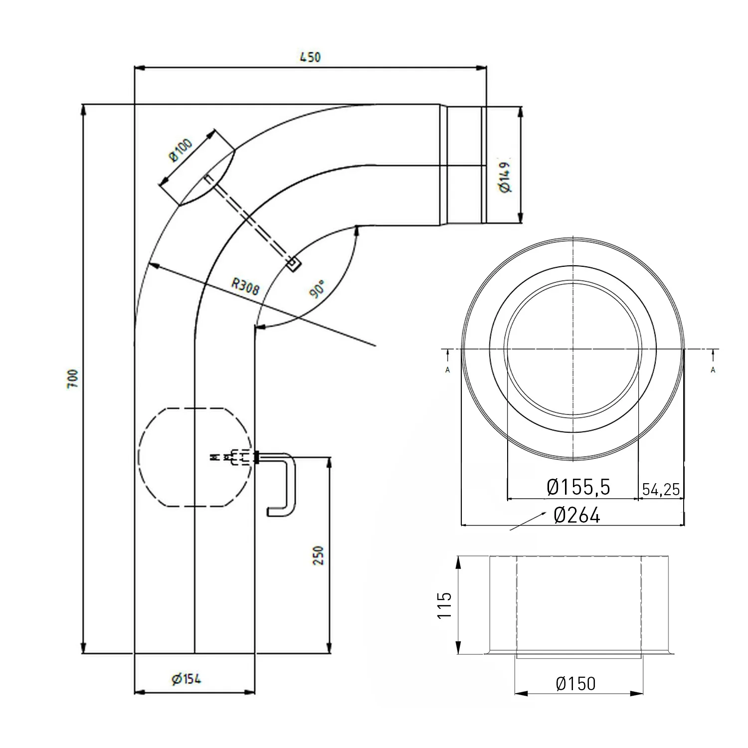 Raik Set WBG LS diamètre 150/90° 2,00mm lisse 700/450 avec porte intégrée avec modérateur de tirage noir