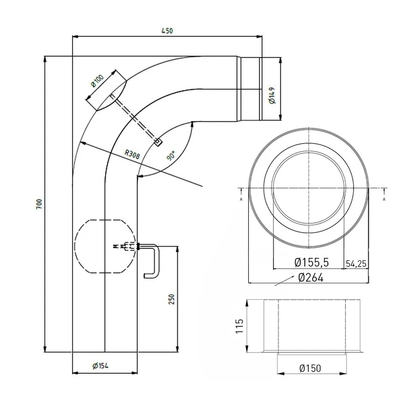 Raik Set WBG LS diamètre 150/90° 2,00mm lisse 700/450 avec porte intégrée avec modérateur de tirage noir