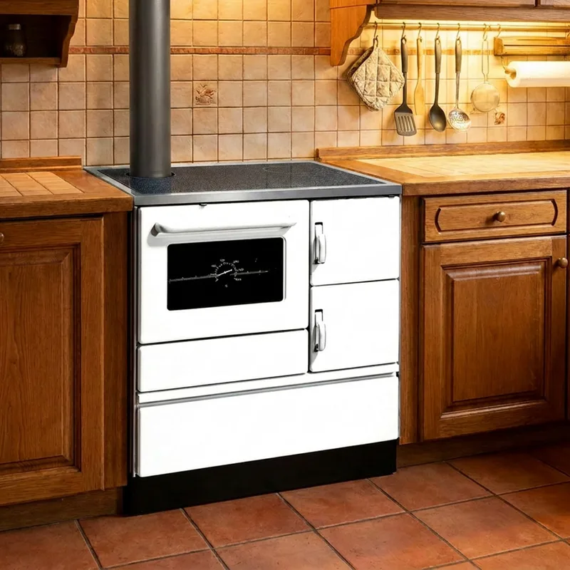 Wamsler K 128 Cuisinière à bois à gauche blanc avec plaque vitrocéramique raccordement par le haut