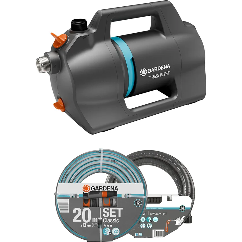 Gardena 4200 Silent - Pompe électrique de jardin pour arrosage - 600 W - Kit avec tuyaux et raccords