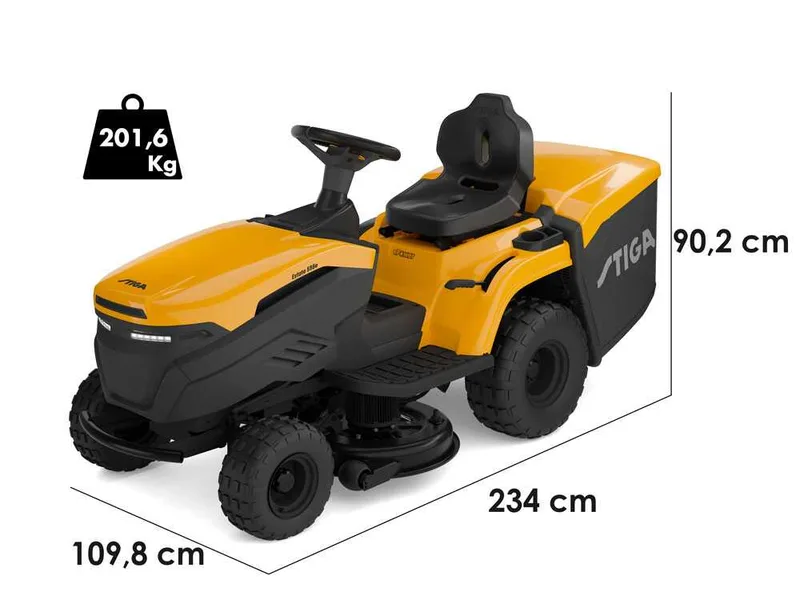 Stiga Estate 598e - Kit tracteur tondeuse avec 2 modules de batterie ePower Pro 56 V/40 Ah - Bac de ramassage et mulching