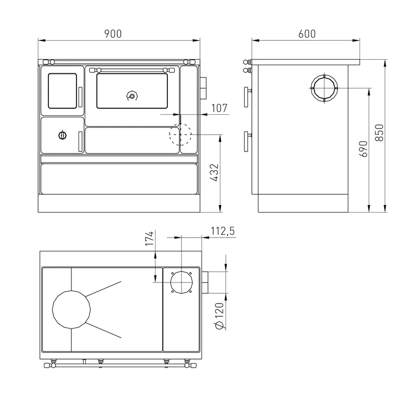 Wamsler K 176 F/A 90 Cuisinière noire, plaque vitrocéramique, four à droite
