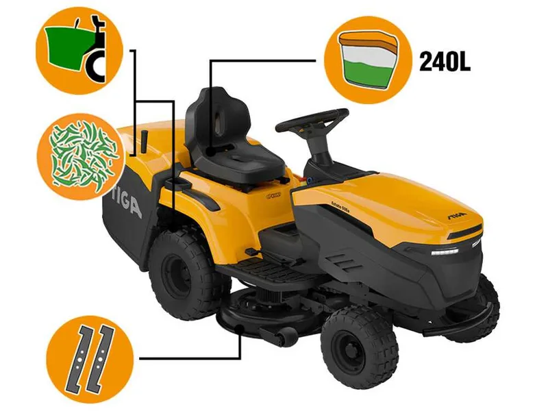 Stiga Estate 384e - Kit Tracteur tondeuse avec 2 modules de batterie ePower Pro de 56V/40Ah - Bac de ramassage et mulching
