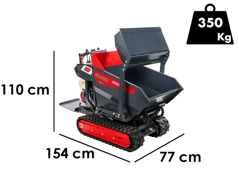 Benassi H660CS - Brouette à moteur sur chenilles - Benne dumper hydraulique avec pelle - Capacité charge 600 Kg - Transmission hydrostatique