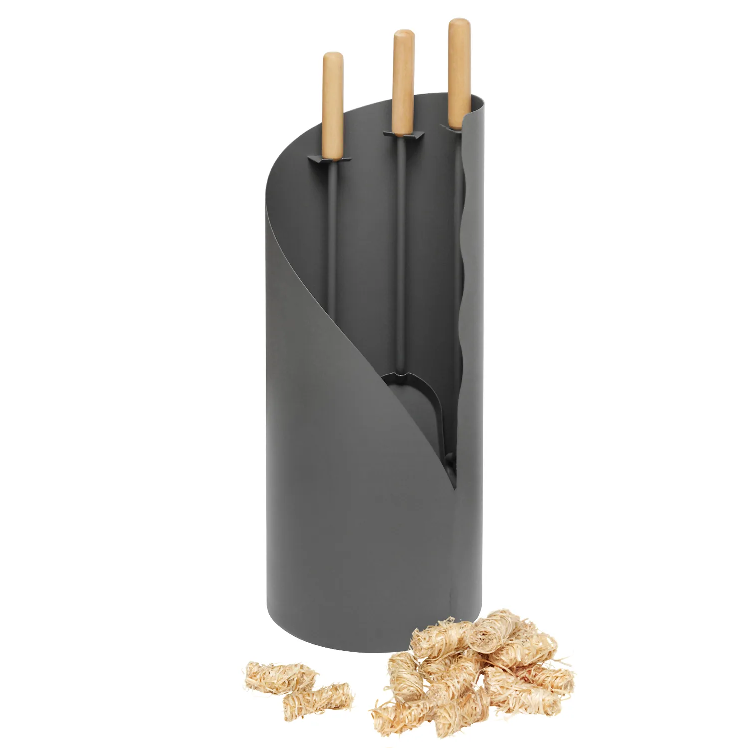 Raik Ensemble d'outils de cheminée avec poignée en bois, 3 pièces, gris + Allume-feu bio RITZ