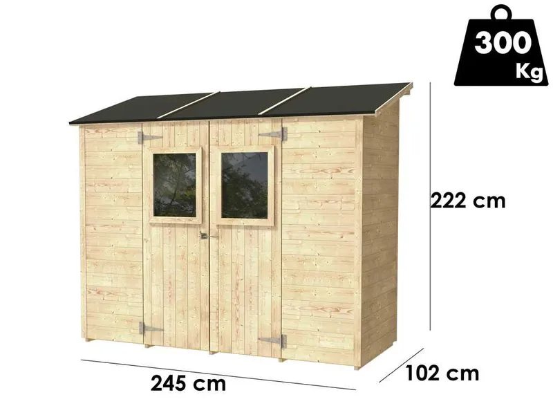 Alce Vaniglia 245x102 - Abri de jardin en bois - Avec fenêtre à l'avant - 245x102x222 cm