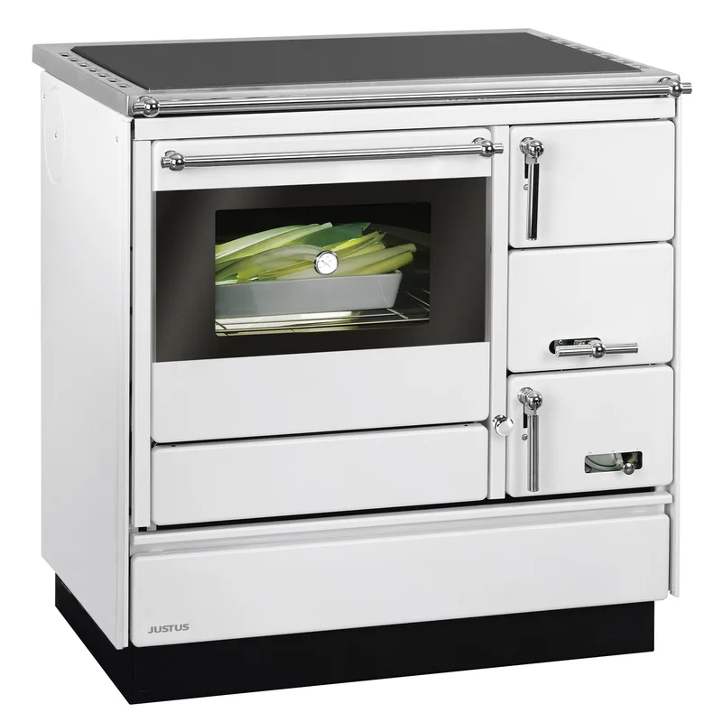 Justus Linz cuisinière à bois blanc chromé, gauche