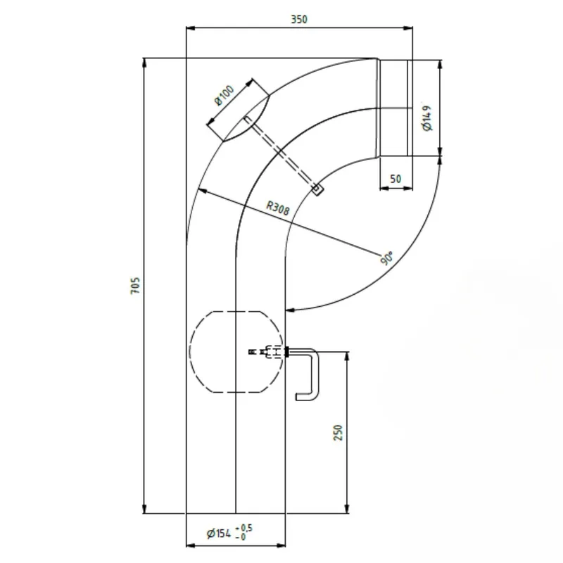 Raik coude LS diamètre 150/90° 2,00mm lisse 705/350 avec porte intégrée avec modérateur de tirage gris