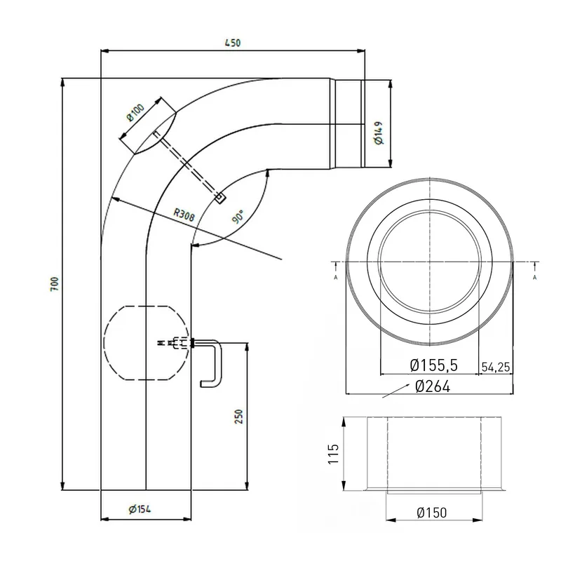 Raik set WBG LS diamètre 150/90° 2,00mm lisse 700/450 avec porte intégrée avec modérateur de tirage gris