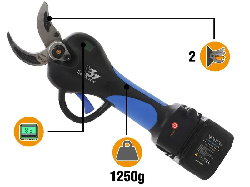 VESCO X37 - Sécateur électrique à batterie + perche télescopique 150-230 cm - 2x 21,6 V 2,5 Ah - Diamètre de coupe 37 mm