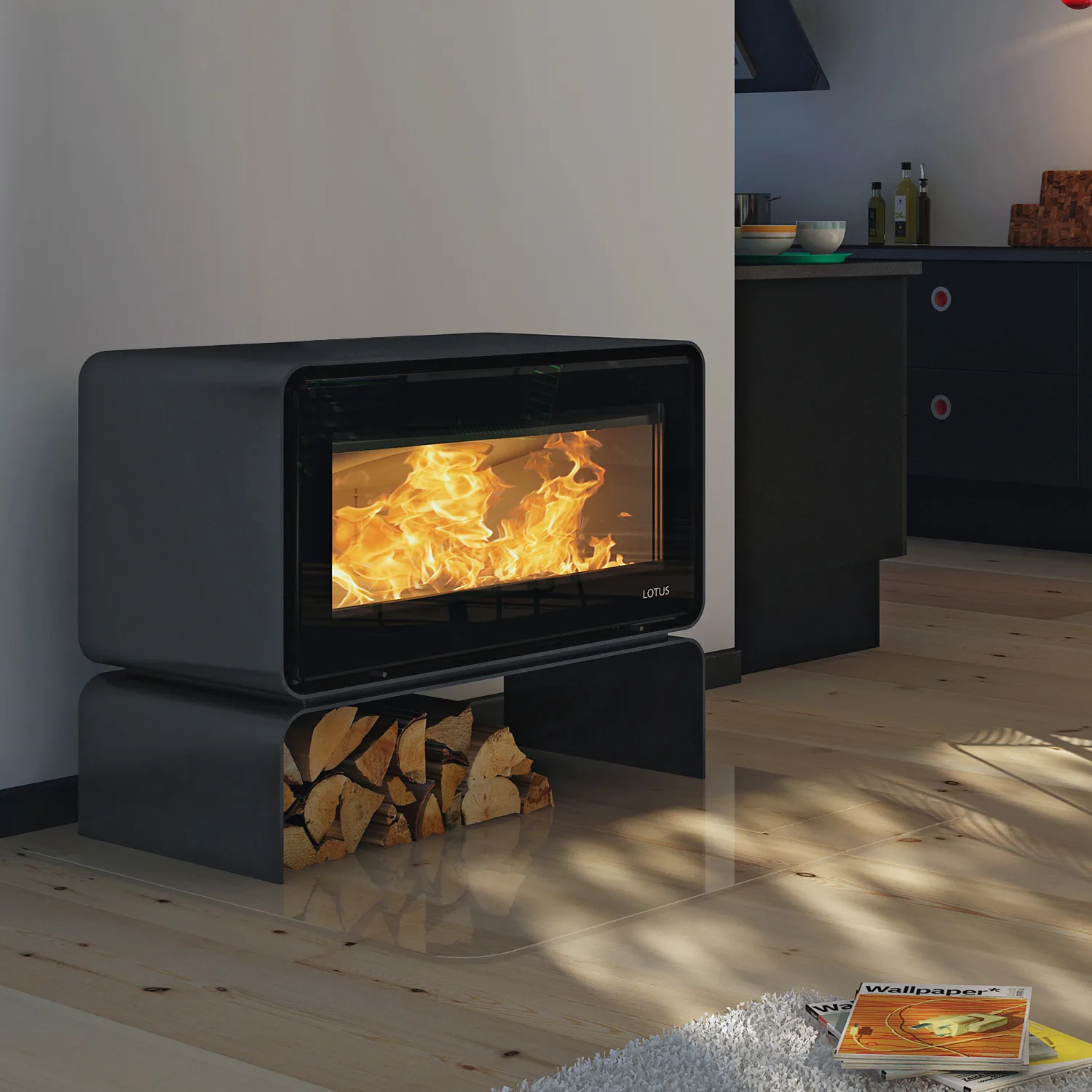 Poêle à bois Lotus Living Base Ocean Dark, sortie de fumée arrière
