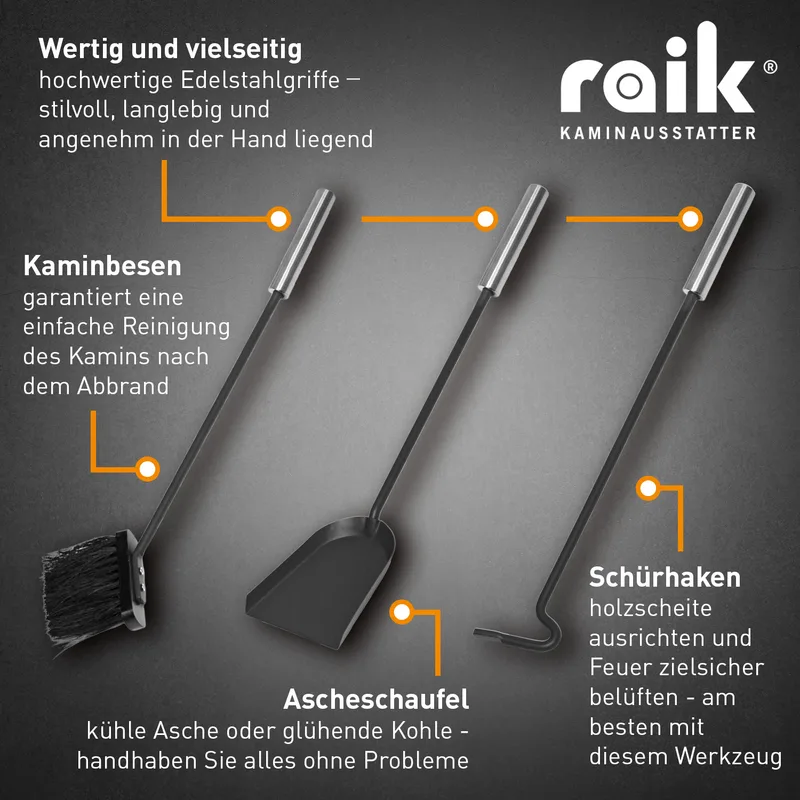 Raik Ensemble d'outils de cheminée Fritz, 3 pièces, noir, poignées en acier inoxydable, 61 cm