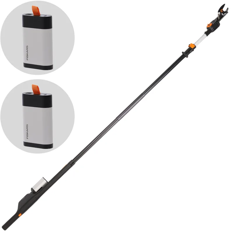 Fiskars eTree Pruner bypass - Échenilloir à batterie - 240/400 cm - 24 V - 2 x 12 V 4 Ah - Diamètre de coupe 32 mm