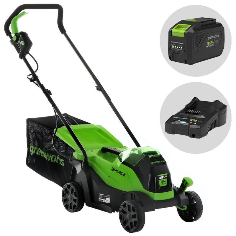 Greenworks GD24LM33 - Tondeuse à gazon à batterie - 24 V/8 Ah - Largeur de coupe 33 cm