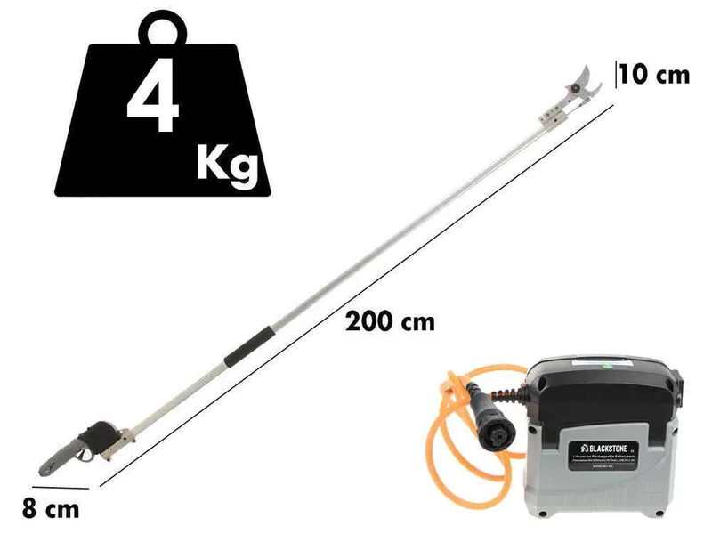 Sécateur électrique de taille BlackStone 450-BP avec perche BlackStone 30-H de 2 mt - batterie e chargeur inclus - Diamètre de coupe 45 mm