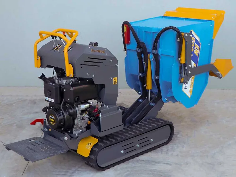 EuroMech EM500L-Dump & Shovel - Brouette à chenilles hydraulique 500 kg avec benne dumper et godet frontal - Transmission hydrostatique