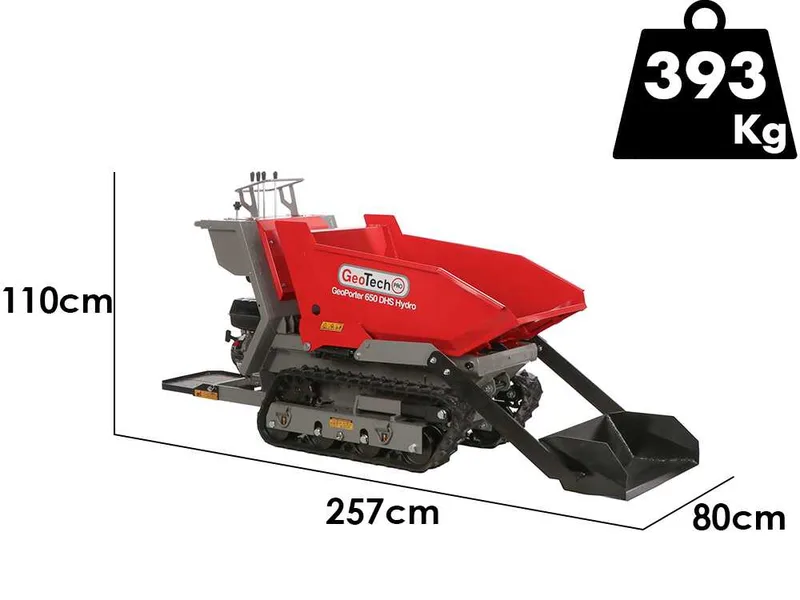 GeoTech Pro GeoPorter 650 DHS Hydro - Brouette motorisée à chenilles avec benne dumper 650 kg et pelle - Transmission hydrostatique