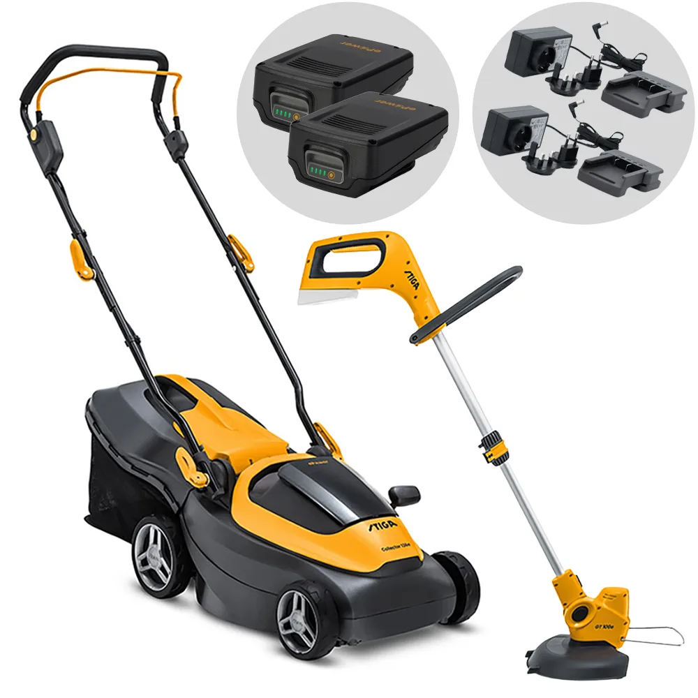 Stiga Collector 136e Kit + GT 100e - Kit Tondeuse à gazon + coupe-bordure à batterie - 40 V - 2x 20 V/2 Ah