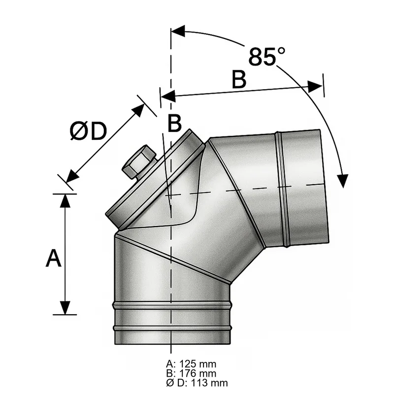 Schiedel PRIMA PLUS coude 85° Ø113 mm avec fermeture de révision pour huile/gaz simple paroi mat