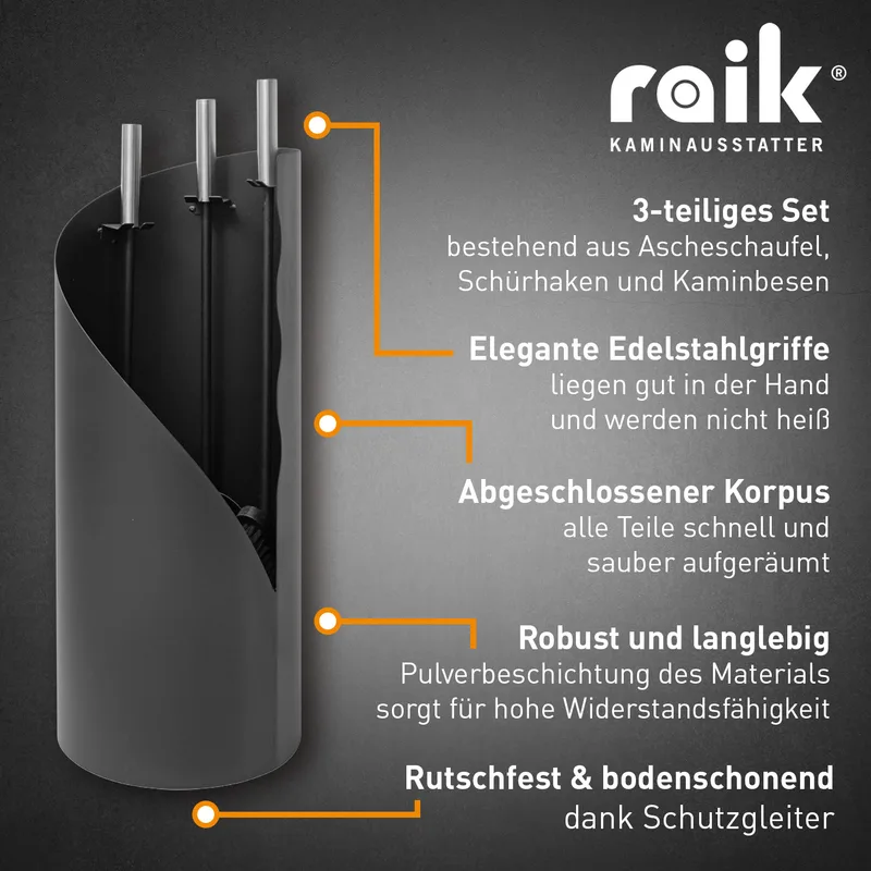 Raik Ensemble d'outils de cheminée Fritz 3 pièces + ventilateur de cheminée sans électricité / ventilateur de poêle à 4 pales, ensemble