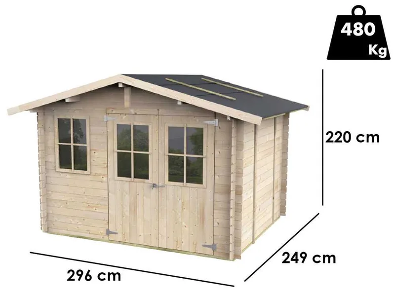Alce Cortona Express 296x249 - Abri de jardin en bois - Avec fenêtres et porte à double battant - 296x249x220 cm