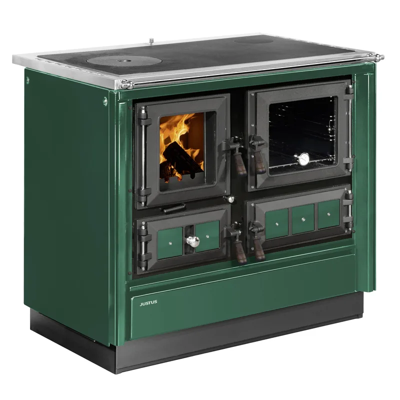 Justus Rustico-90 2.0 Poêle à bois en acier vert, four à droite