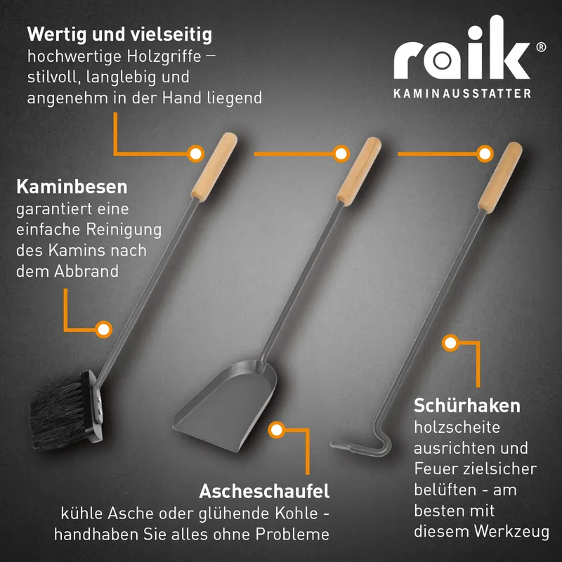 Ensemble d'accessoires de cheminée Raik Otto 3 pièces + ventilateur de cheminée sans électricité / ventilateur de poêle à 4 pales