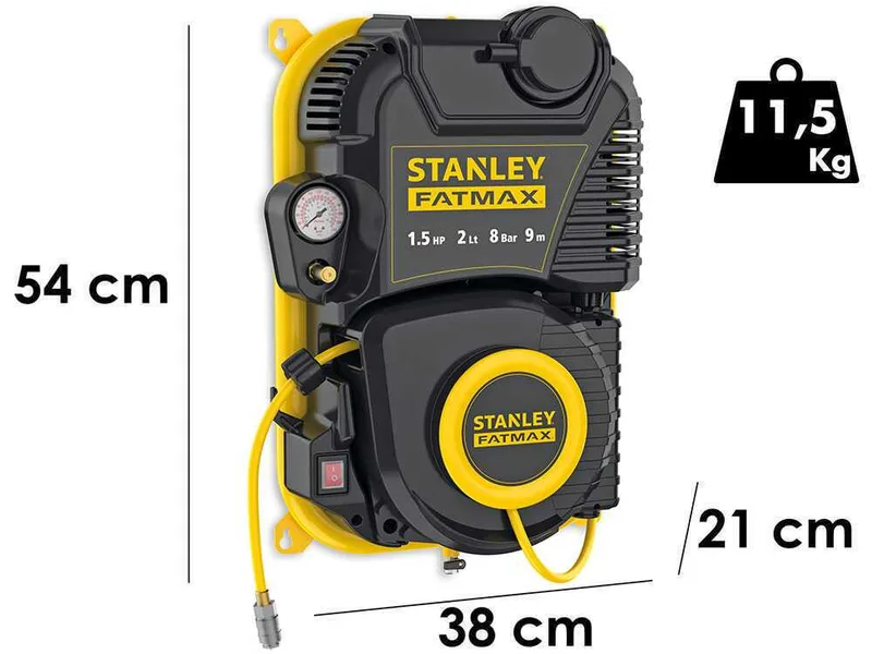 Stanley Wall Tech Pro - Compresseur d'air électrique monophasé mural, oil-less - Moteur 1.5 CV - 2 L