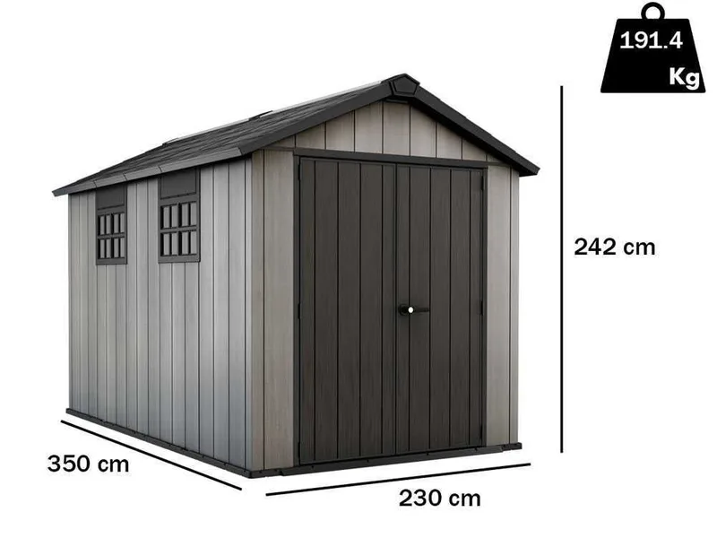 Keter Oakland 7511 - Abri de jardin - Avec porte à double battant et fenêtres - 230x350x242 cm