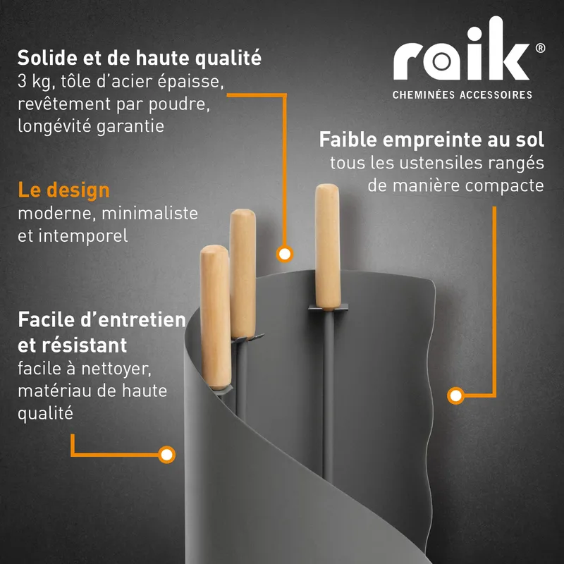 Raik Ensemble d'outils de cheminée Otto, 3 pièces, gris, poignées en bois, 64 cm.