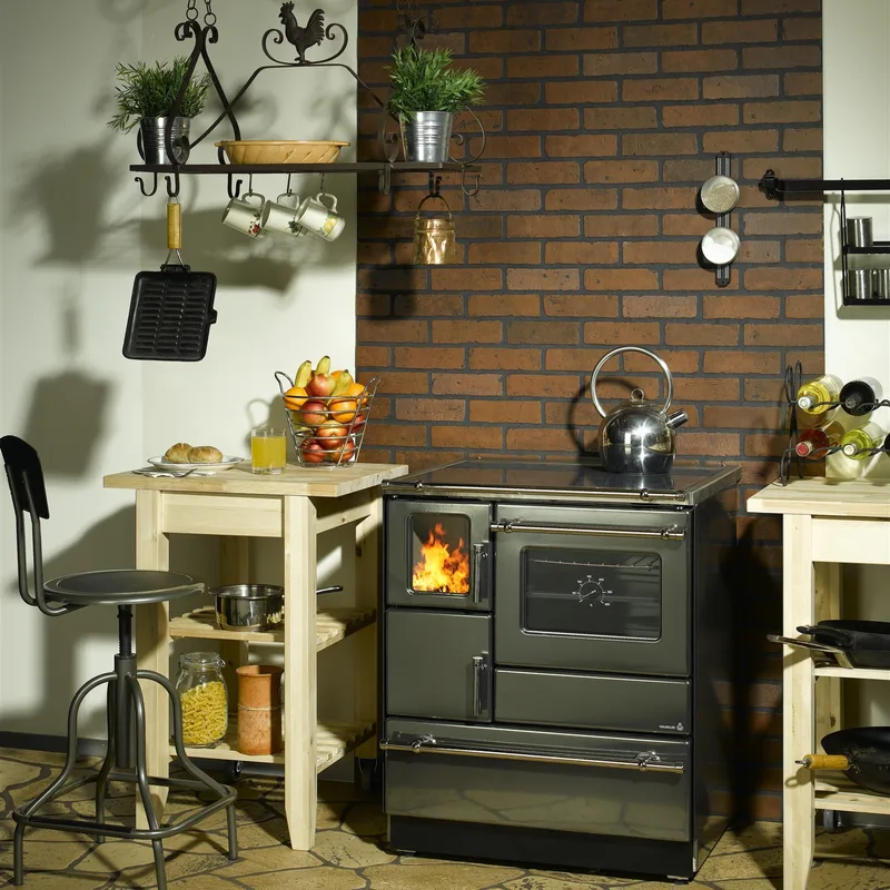Wamsler K 128 F Cuisinière à bois à droite anthracite métallisé avec plaque vitrocéramique, raccordement par le haut
