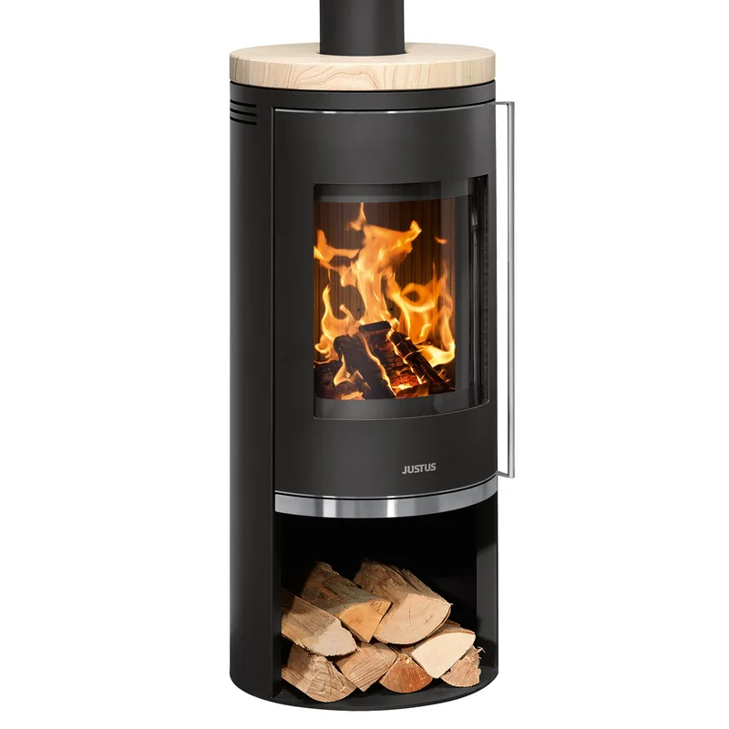 Justus Faro 2.0 Poêle à bois en acier noir avec plaque de recouvrement en pierre de sable.