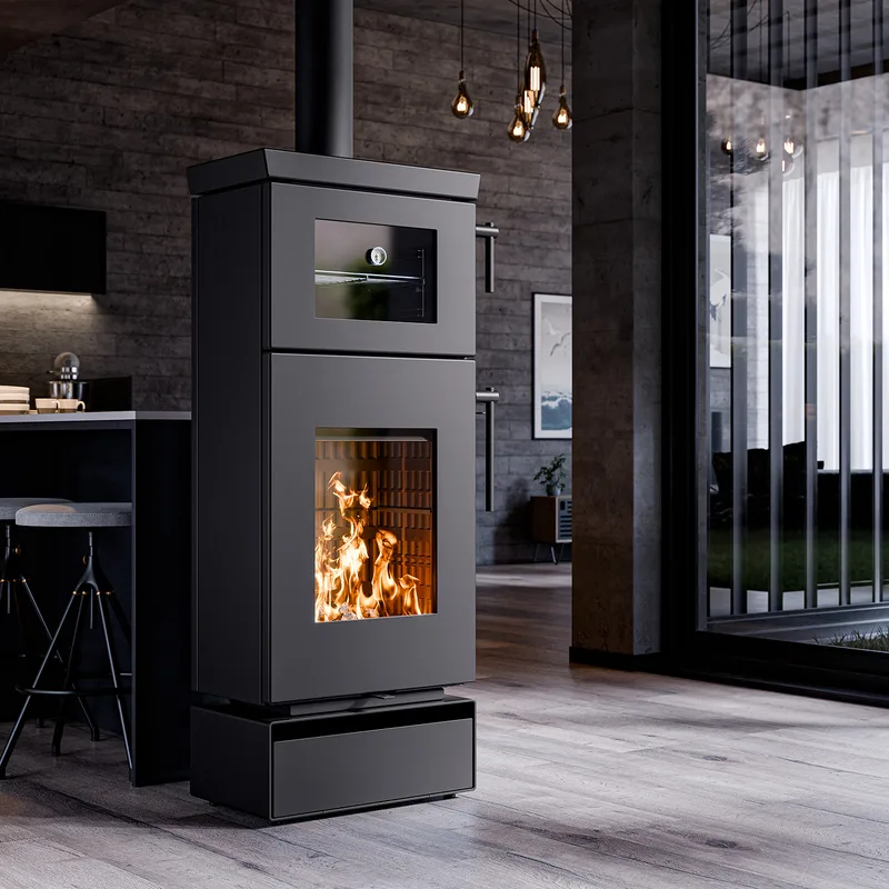 Thermorossi poêle à bois Zen O Evo6 avec compartiment four et compartiment range-bûches noir mat