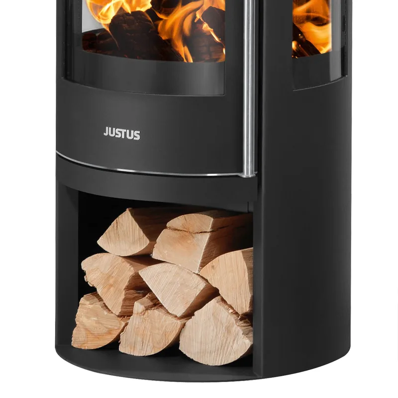 Justus Mino Trios 2.0 Poêle à bois en acier noir avec plaque de recouvrement en grès.