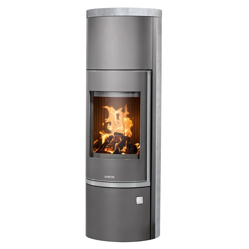 Justus Faro W+ 2.0 Poêle à bois en acier gris fonte avec revêtement en stéatite.