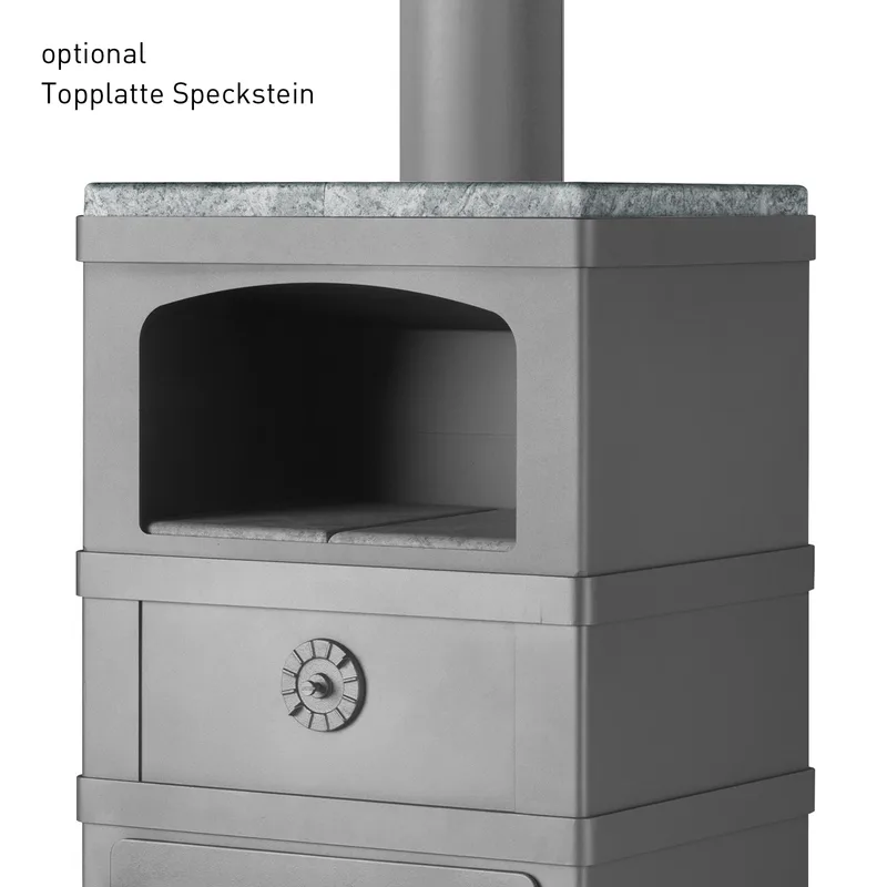 Poêle à bois Lotus 2060 avec compartiment de maintien au chaud, gris, évacuation des fumées par le haut.