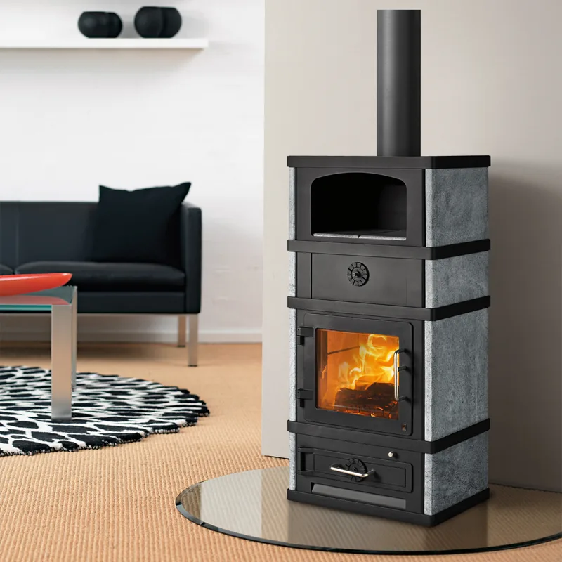Poêle à bois Lotus 2080 avec compartiment de maintien au chaud, noir, sortie de fumée par le haut.