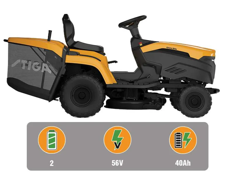 Stiga Estate 384e - Kit Tracteur tondeuse avec 2 modules de batterie ePower Pro de 56V/40Ah - Bac de ramassage et mulching