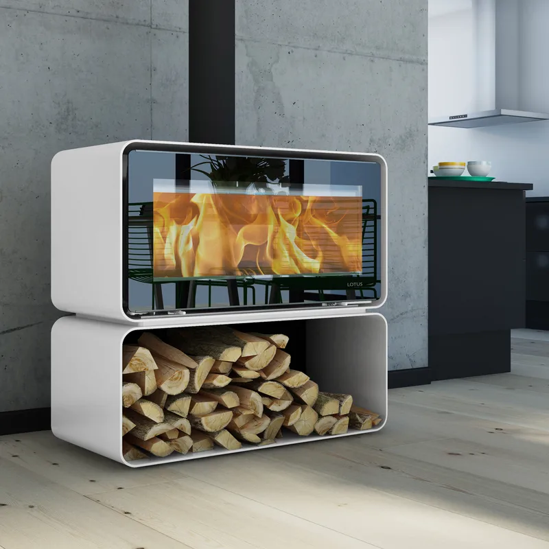Poêle à bois Lotus Living Cube Alpin White, évacuation des fumées par le haut