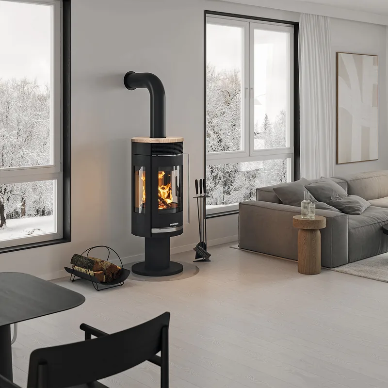 Poêle à bois Oranier Rota Twist en acier noir / Plaque supérieure en grès