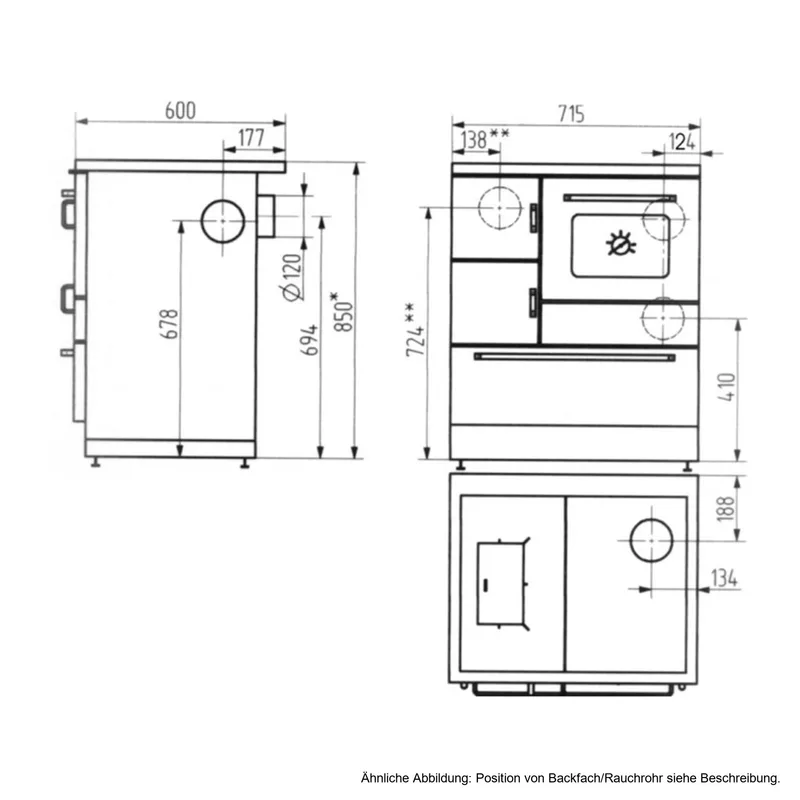 Wamsler K 128 Cuisinière à bois à droite marron avec plaque vitrocéramique